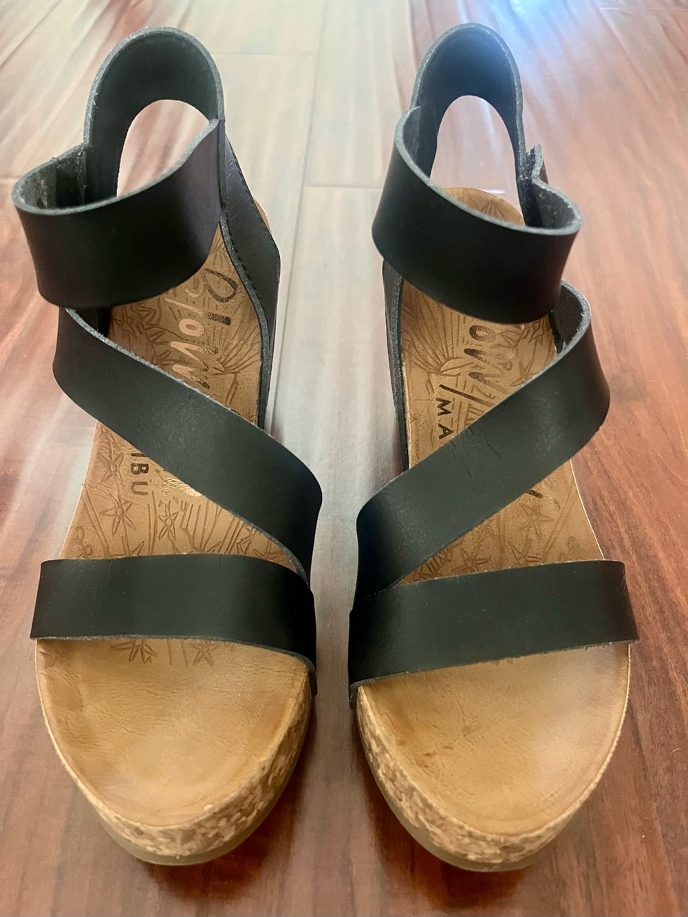 Blowfish Malibu Cork Wedge Sandals with Black Cross Straps - Picture 2 of 8